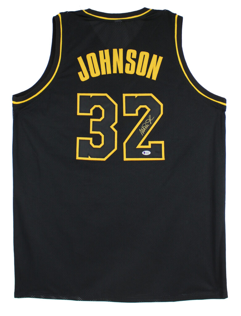 Magic Johnson Signed Black Pro Style Jersey Black Numbers Gold Trim BAS ...